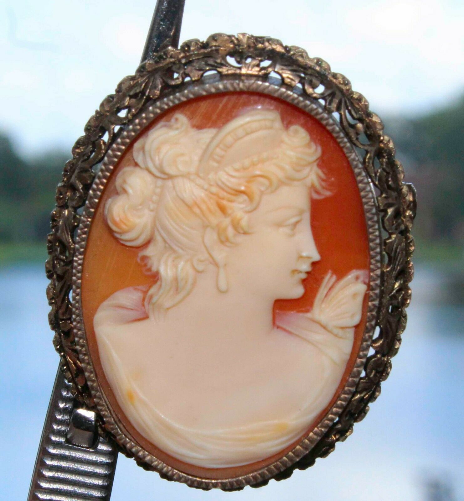Victorian Shell Cameo 14.6 Gr Sterling Silver Signed By Artist