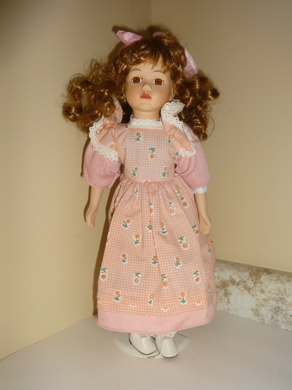 Victorian Porcelain Doll Mauve Floral Flower Dress Brunette Brown Eyes 16" Stand