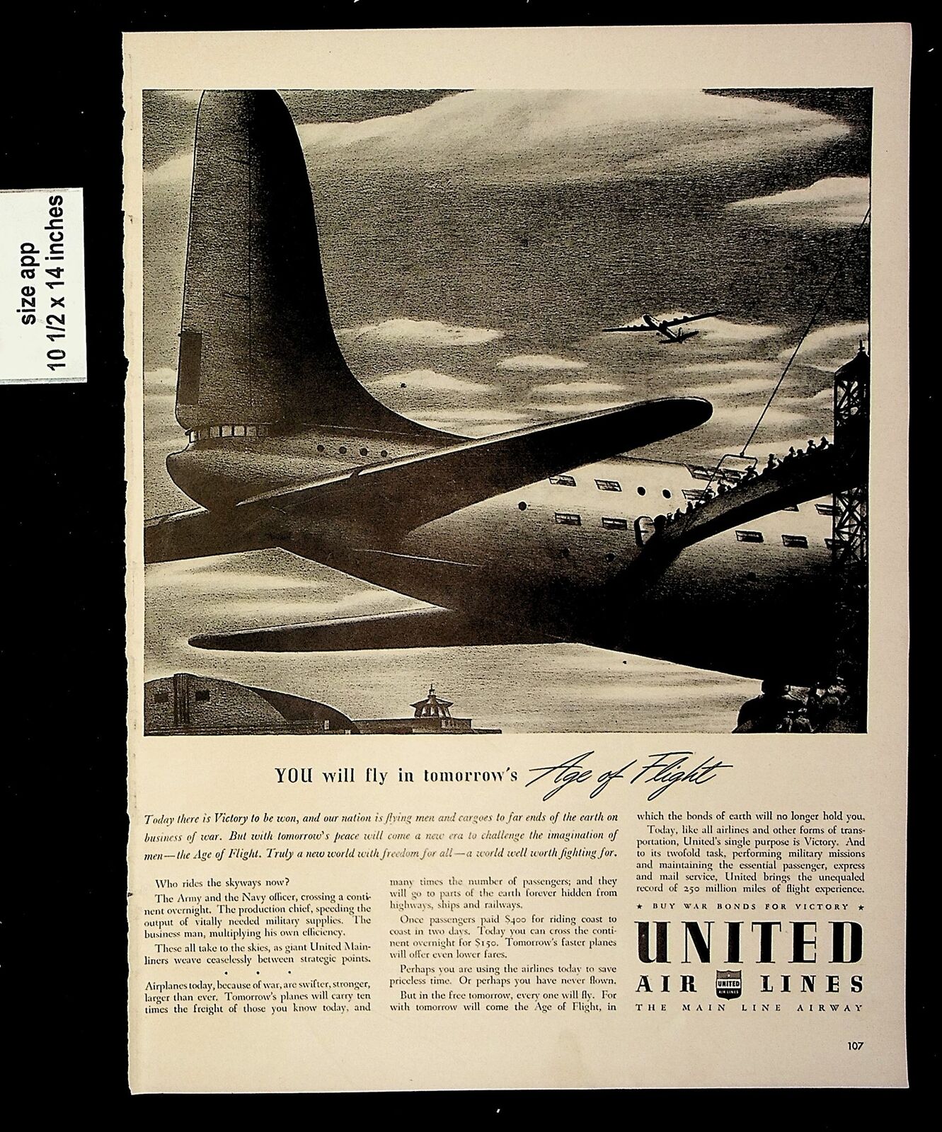 1942 United Airlines Tomorrow Age of Flight Vintage Print ad 8577