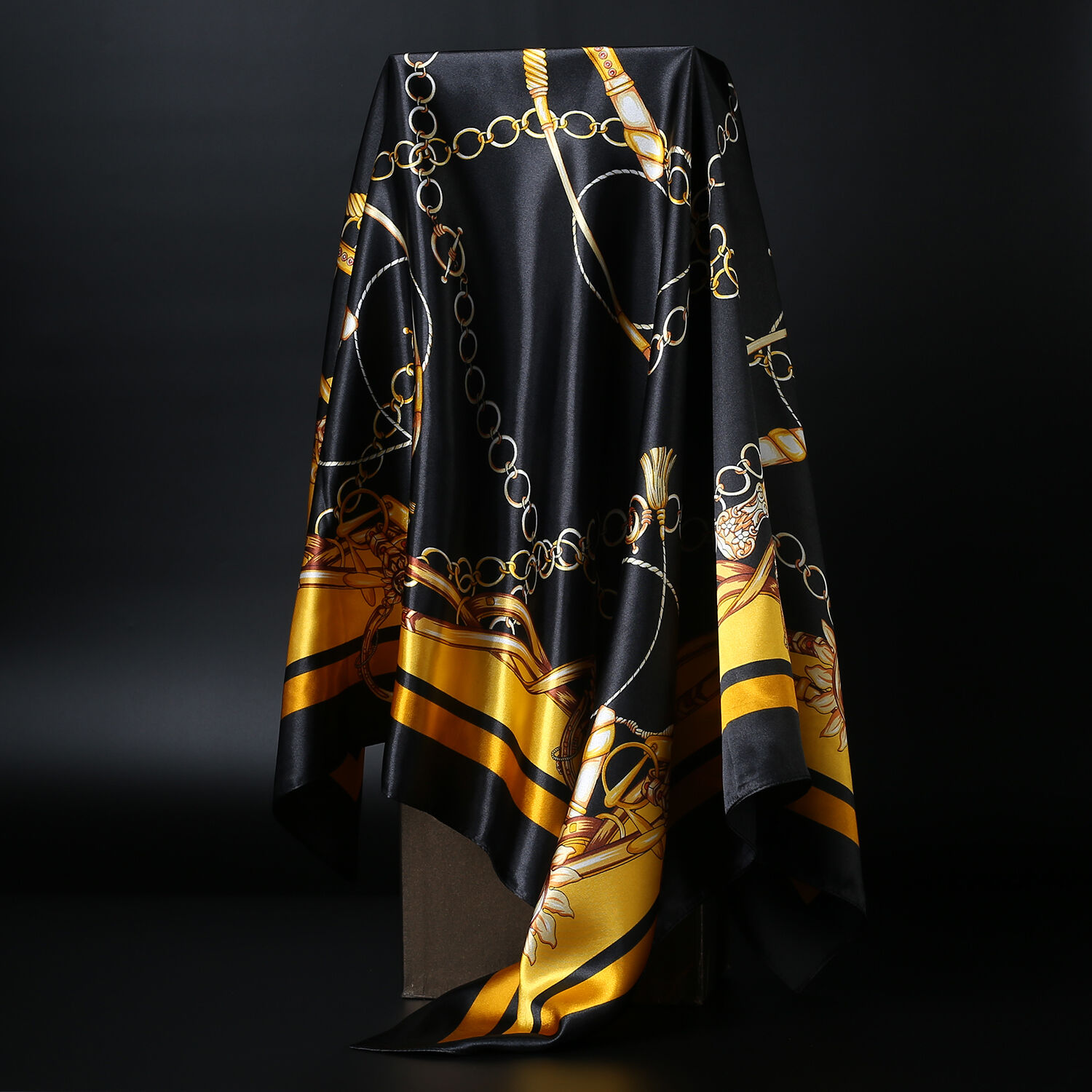 Women's Black&Gold Print Hijab Scarf Silk-Satin Square Head Shawl Scarfs 35
