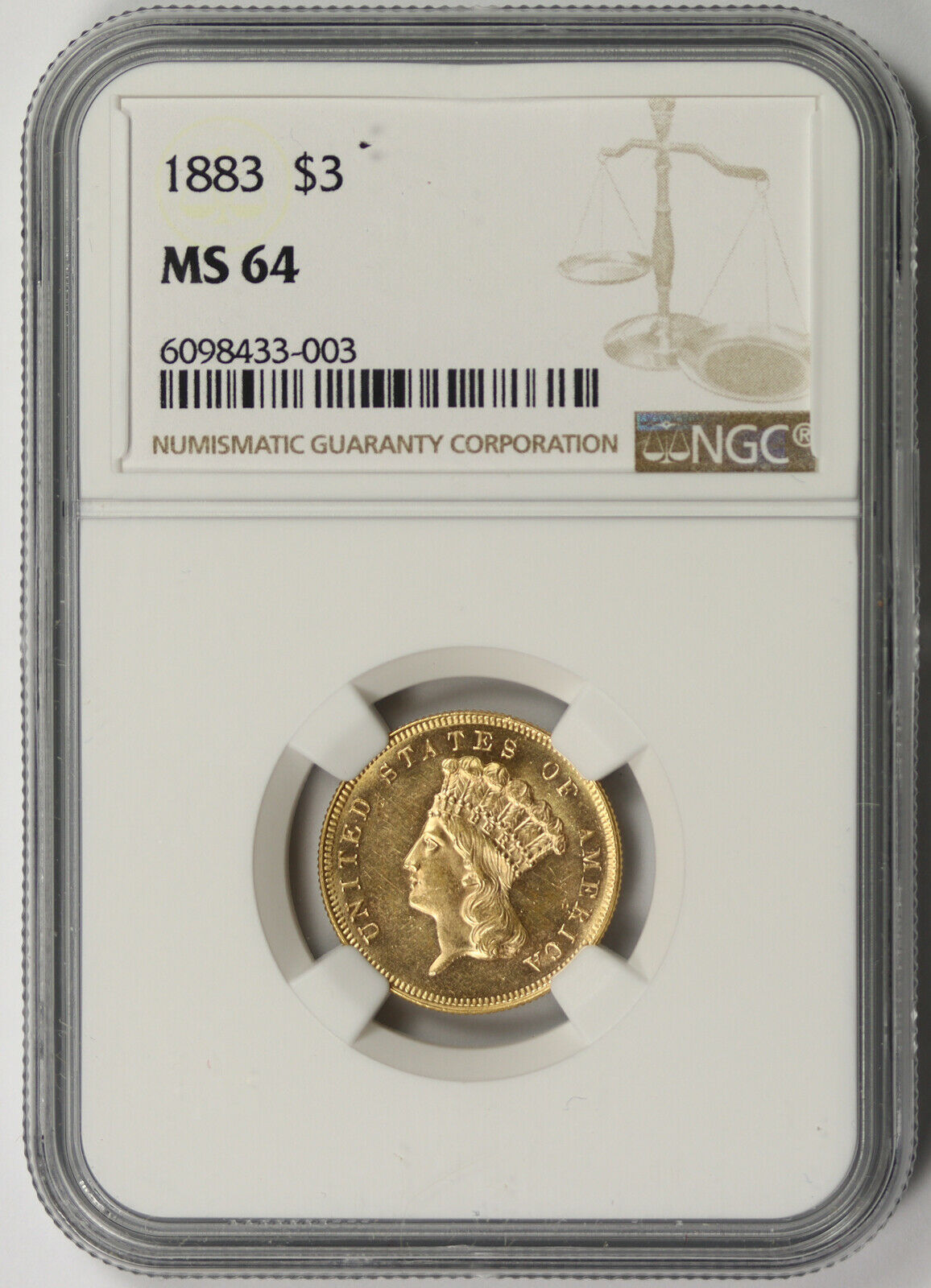 1883 Indian Princess Head Three Dollar Gold $3 MS 64 NGC