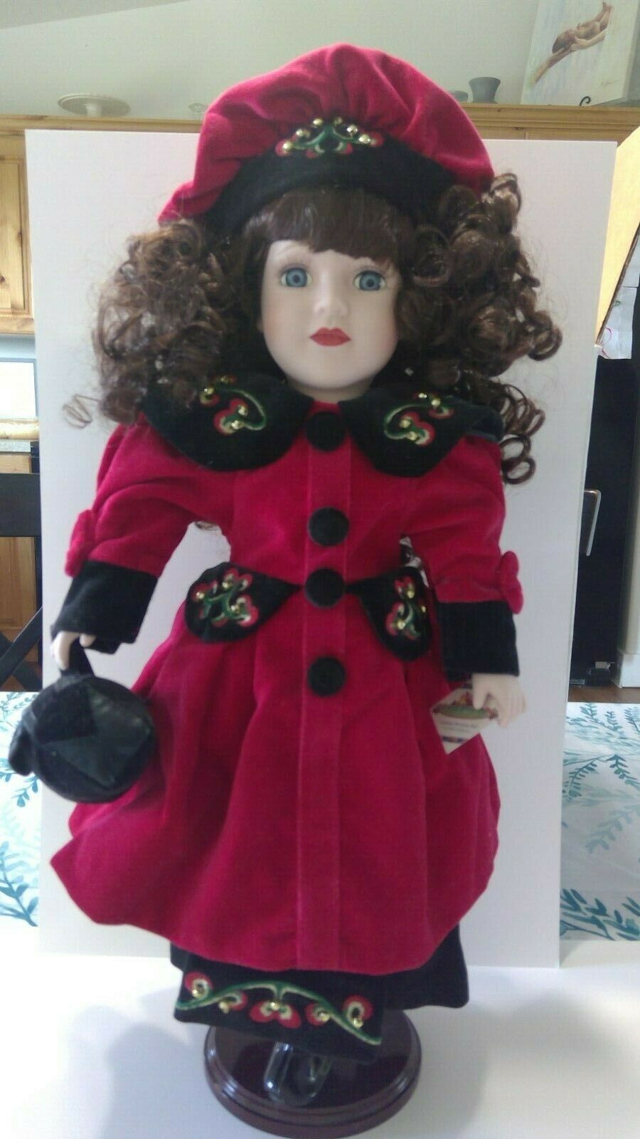 Victorian Collection Porcelain Doll By Melissa Jane, Dressed In Red Velvet Dress