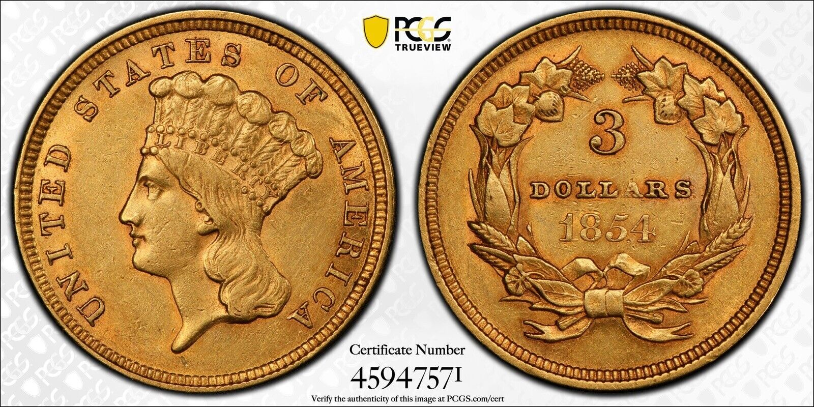 1854 PCGS Genuine Cleaned-AU Deatail $3 Gold Indian Princess