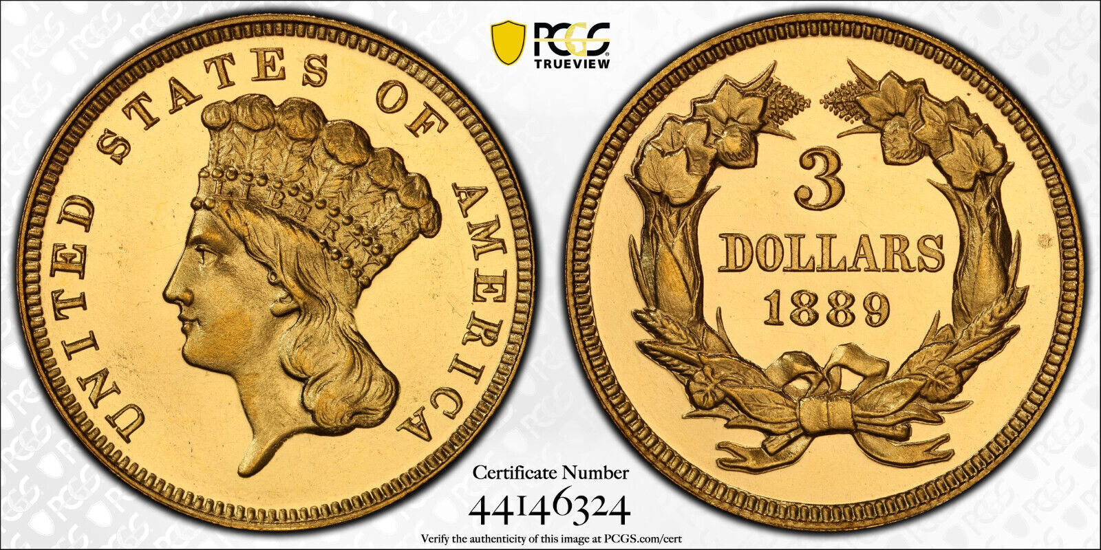 1889 Three Dollar Gold Indian Princess $3 Gold PCGS PROOF 64 CAMEO CAC 129 MINT