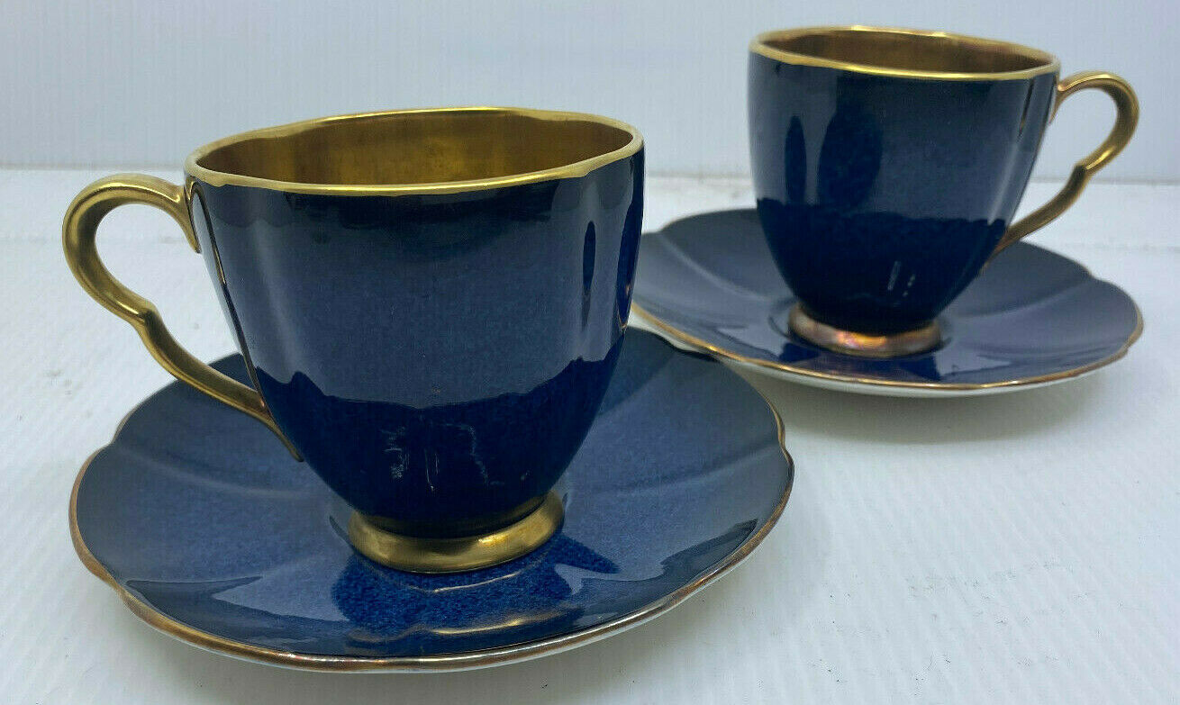 2 Cup Saucer Tea Sets Demitasse Blue Gold Carlton Ware England 1680 Bleu Royale