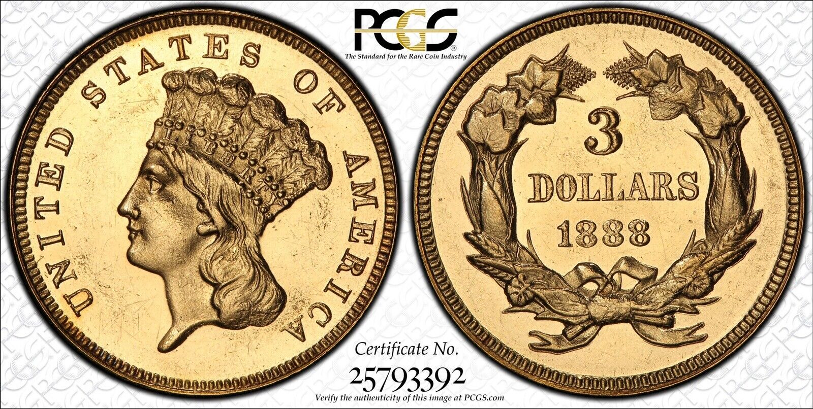 1888 Pcgs Pr62 $3 Gold Indian Princess
