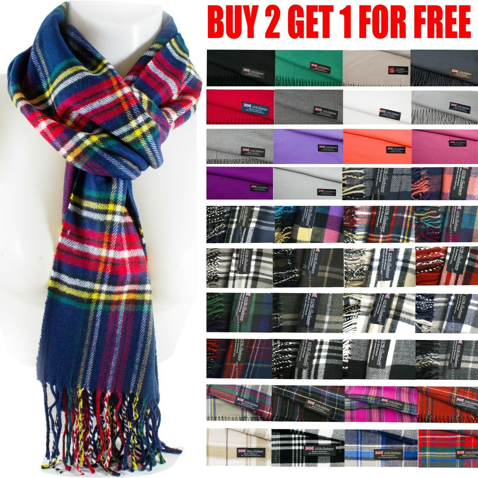Mens Womens Winter Warm Scotland Made 100% Cashmere Scarf Scarves Plaid Wool