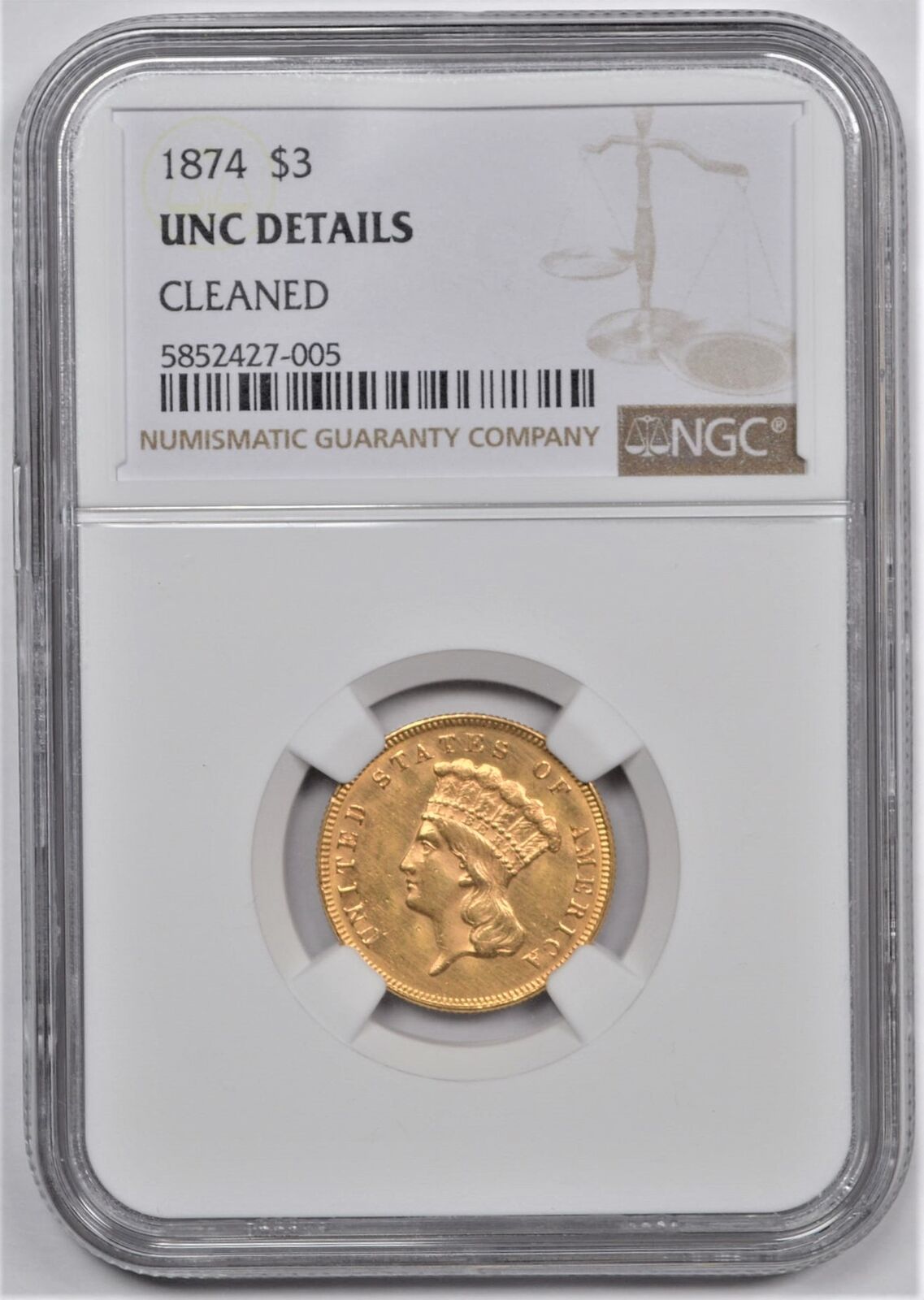 1874 PRINCESS HEAD GOLD $3 NGC UNC DETAILS
